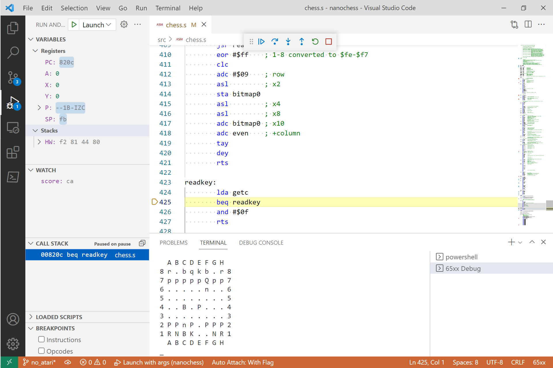 Screenshot of db65xx debugger running Toledo Atomchess 6502