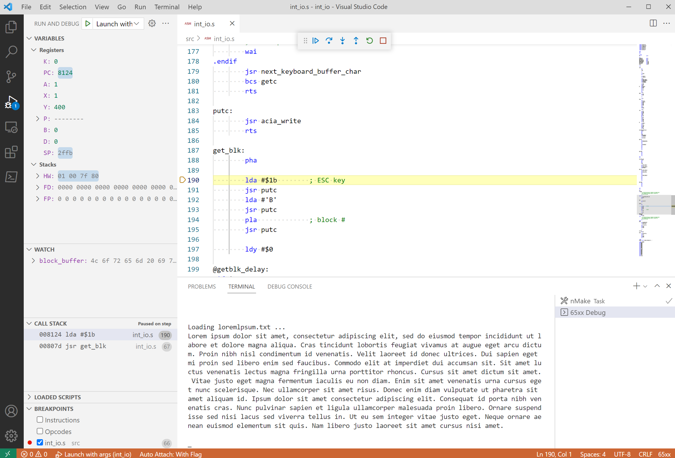 Screenshot of db65xx debugger