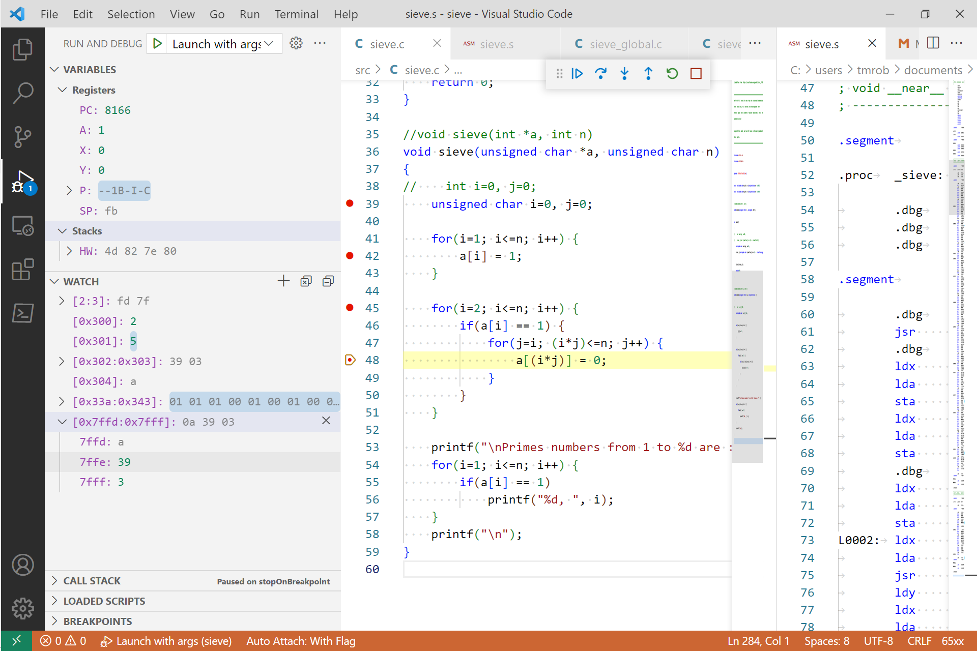 6502 Debugging the Sieve of Eratosthenes with the VS Code db65xx
